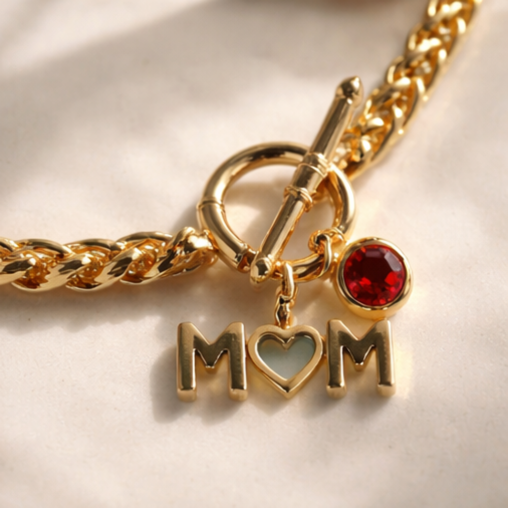 MOM Charm Bracelet with Birth Month Stone – Personalized Gold Bracelet | Julie Saldivia