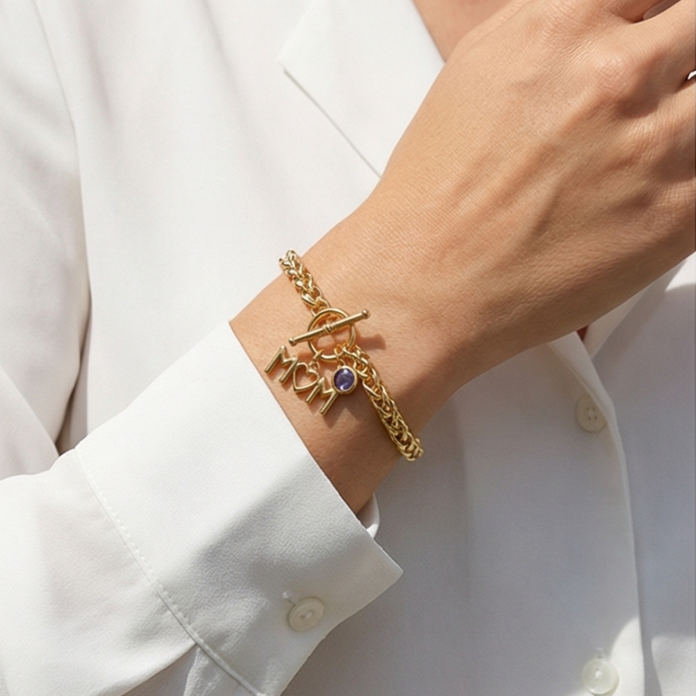 MOM Charm Bracelet with Birth Month Stone – Personalized Gold Bracelet | Julie Saldivia