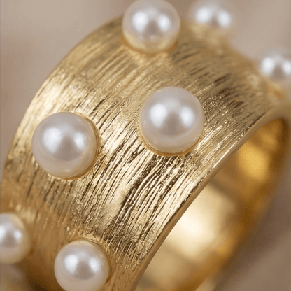 Gold Pearl Statement Ring – Textured Wide Band Ring for Women