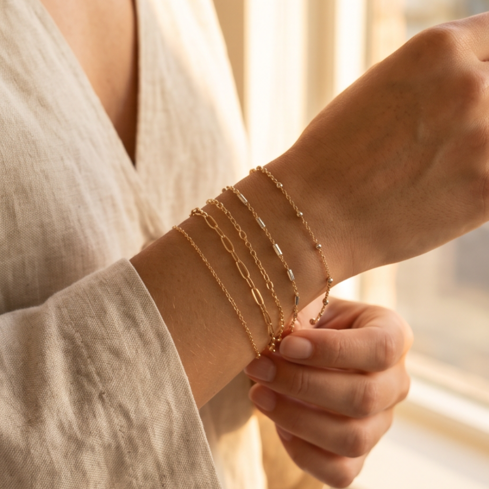 Gold permanent bracelet stack with delicate chains custom-fitted for a minimal luxury look.