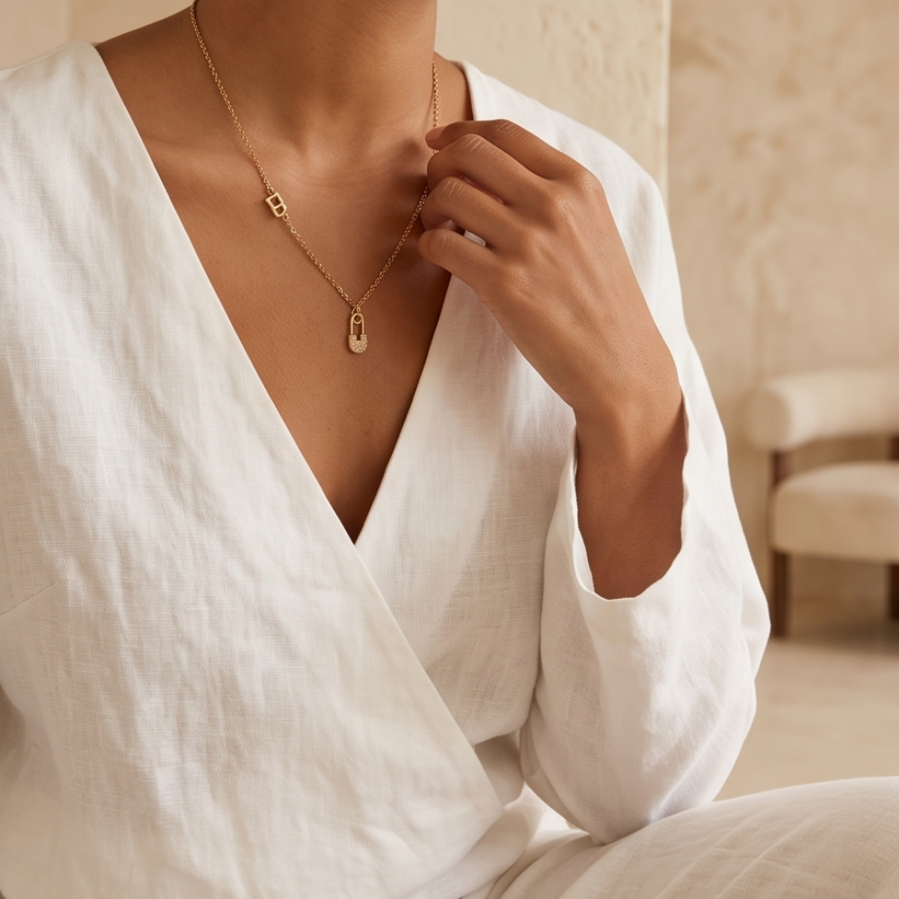 Personalized stainless steel safety pin necklace displayed with gift box