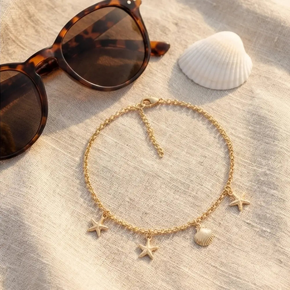 gold anklet bracelet with starfish and shell charms summer beach jewelry