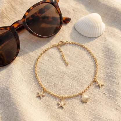 gold anklet bracelet with starfish and shell charms summer beach jewelry