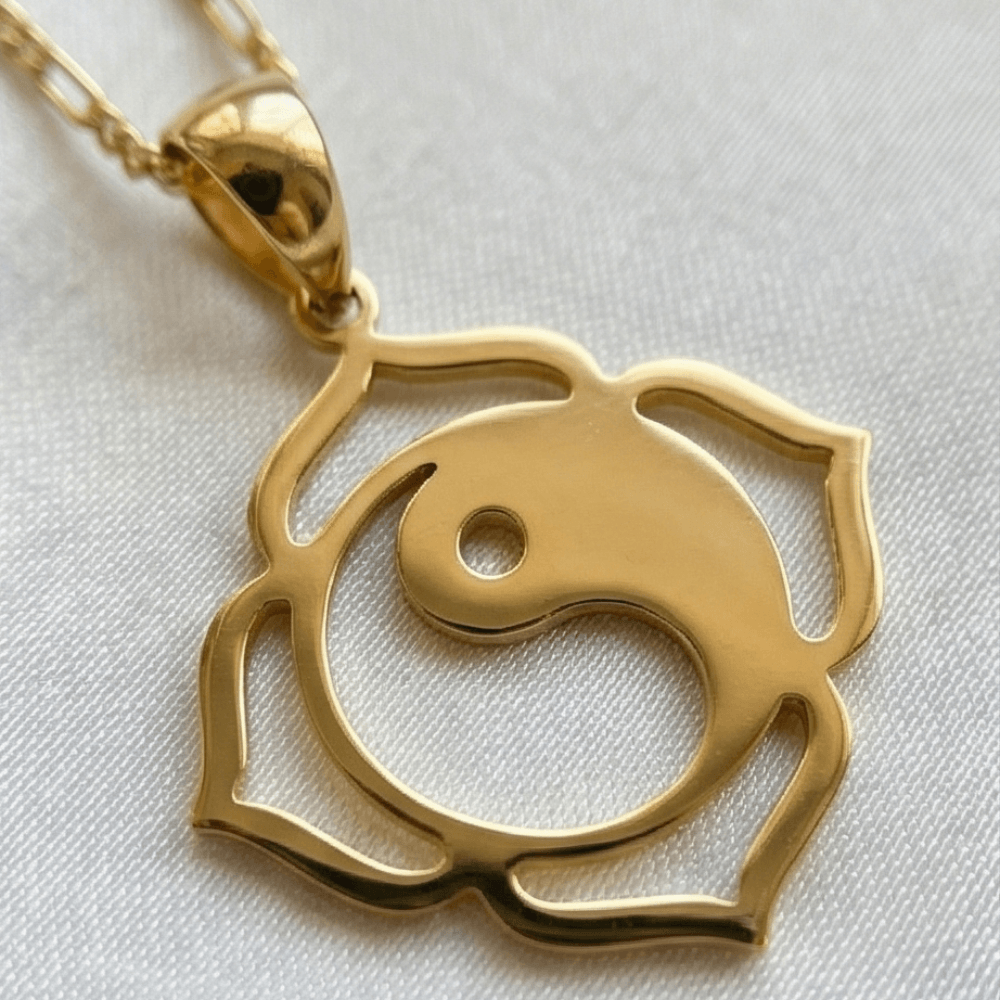 close up gold yin yang lotus pendant 18k gold plated minimalist spiritual necklace
