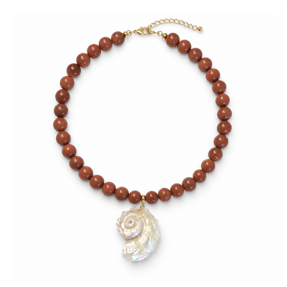 18-inch necklace of copper-brown Goldstone beads with an iridescent mother-of-pearl spiral shell pendant