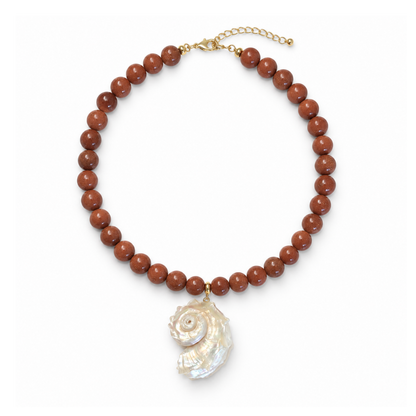 18-inch necklace of copper-brown Goldstone beads with an iridescent mother-of-pearl spiral shell pendant