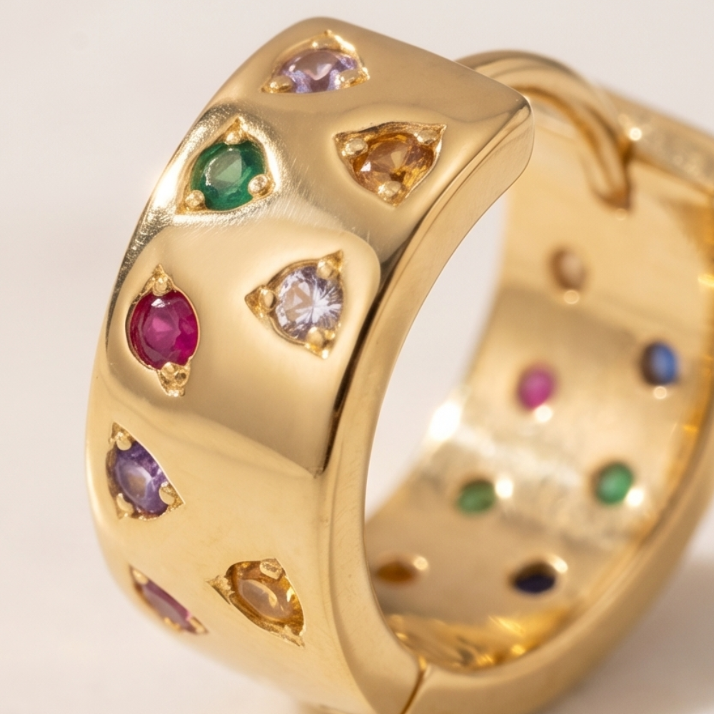 Gold hoop earrings with colorful gemstones on a light background