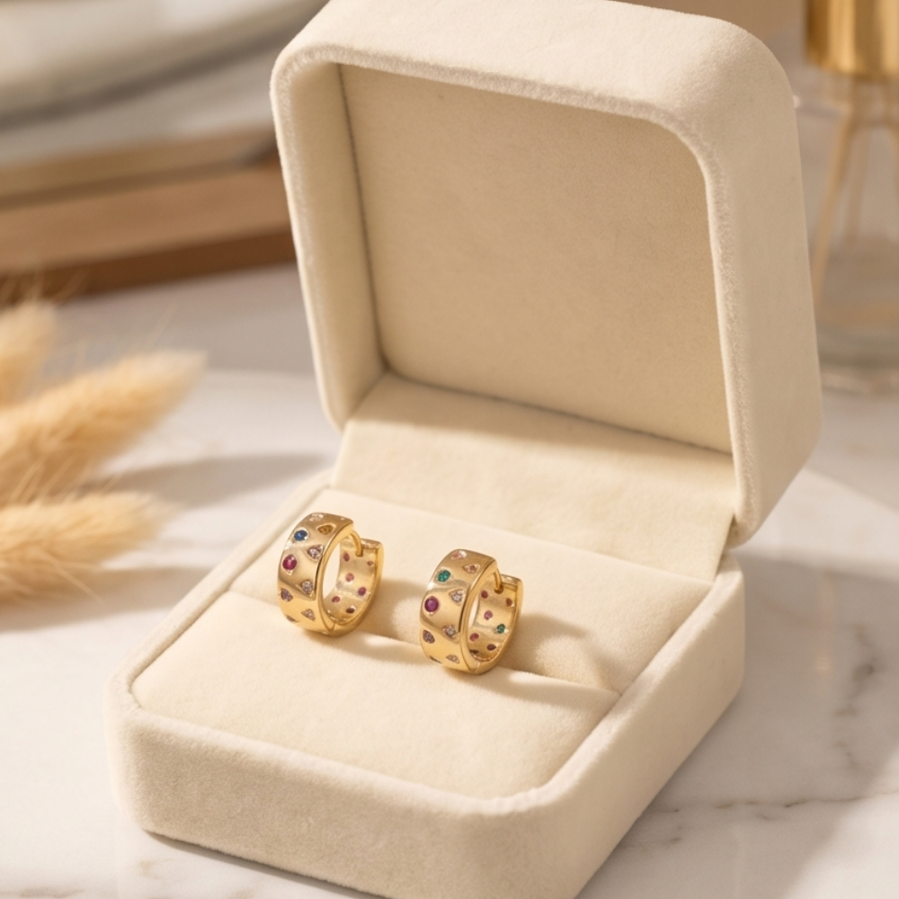 Gold hoop earrings with gemstones in a beige jewelry box on a marble surface.