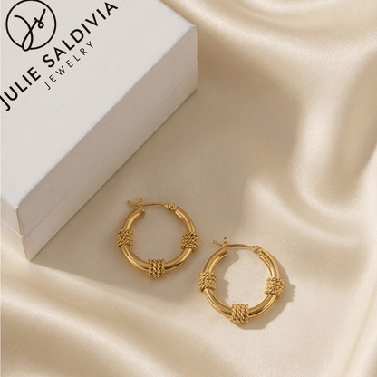 gold hoop earrings with textured wire wrap detail 18k gold plated elegant jewelry julie saldivia