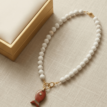 Howlite beaded necklace with gold clasp and tiger eye fish charm, 18 inch natural stone statement necklace for women
