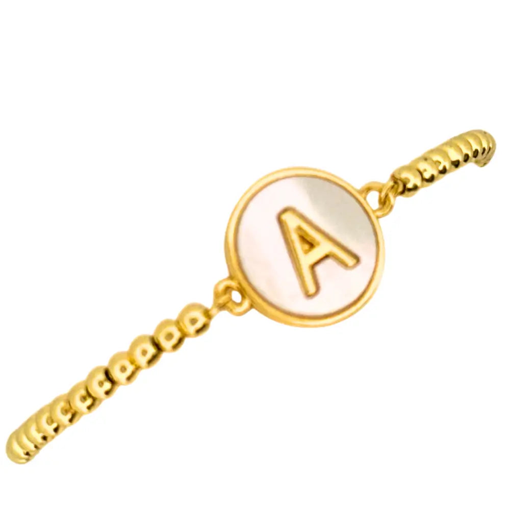 Adjustable gold mother of pearl initial bracelet with sliding clasp and personalized letter charm
