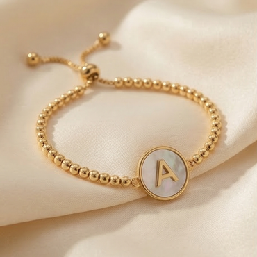 Adjustable 18K gold plated initial A bracelet with mother of pearl charm and delicate gold beaded chain