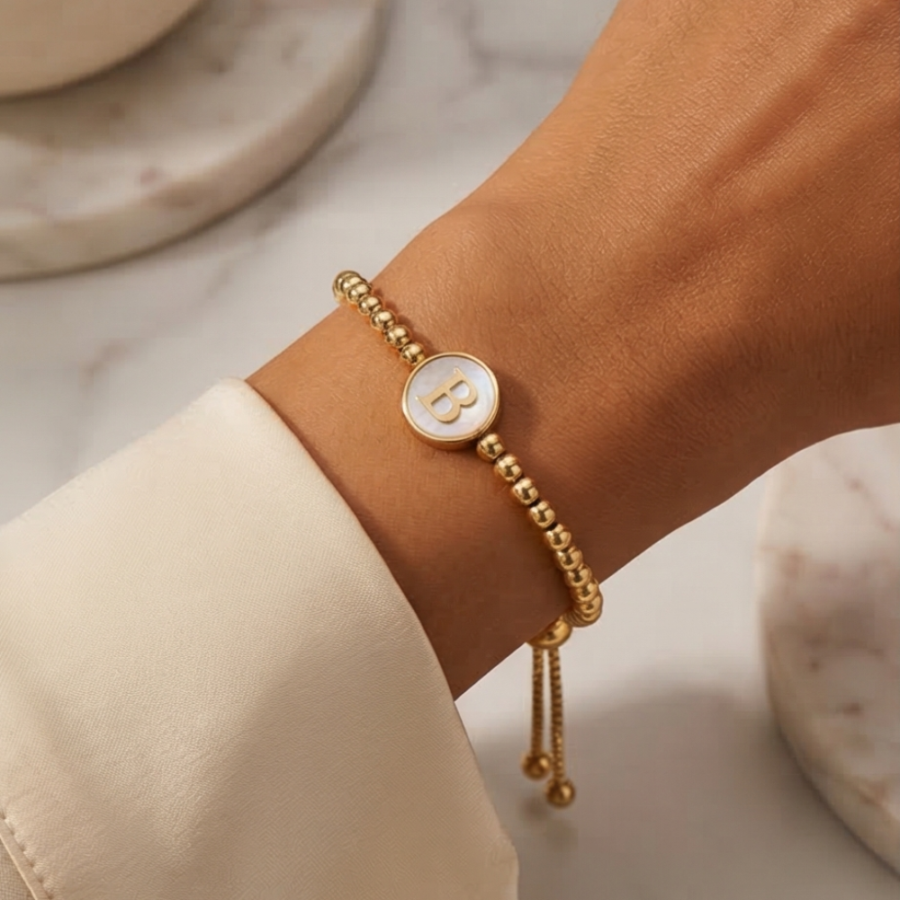 Adjustable 18K gold plated initial B bracelet with mother of pearl charm and delicate gold beaded chain