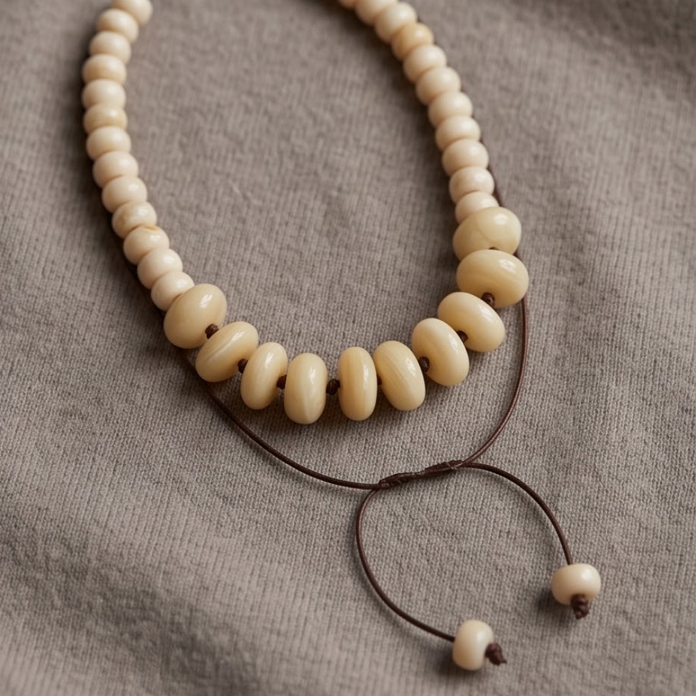Close-up of ivory adjustable donut bead necklace with brown cord and matching ivory beaded bracelet styled on a neutral textured background
