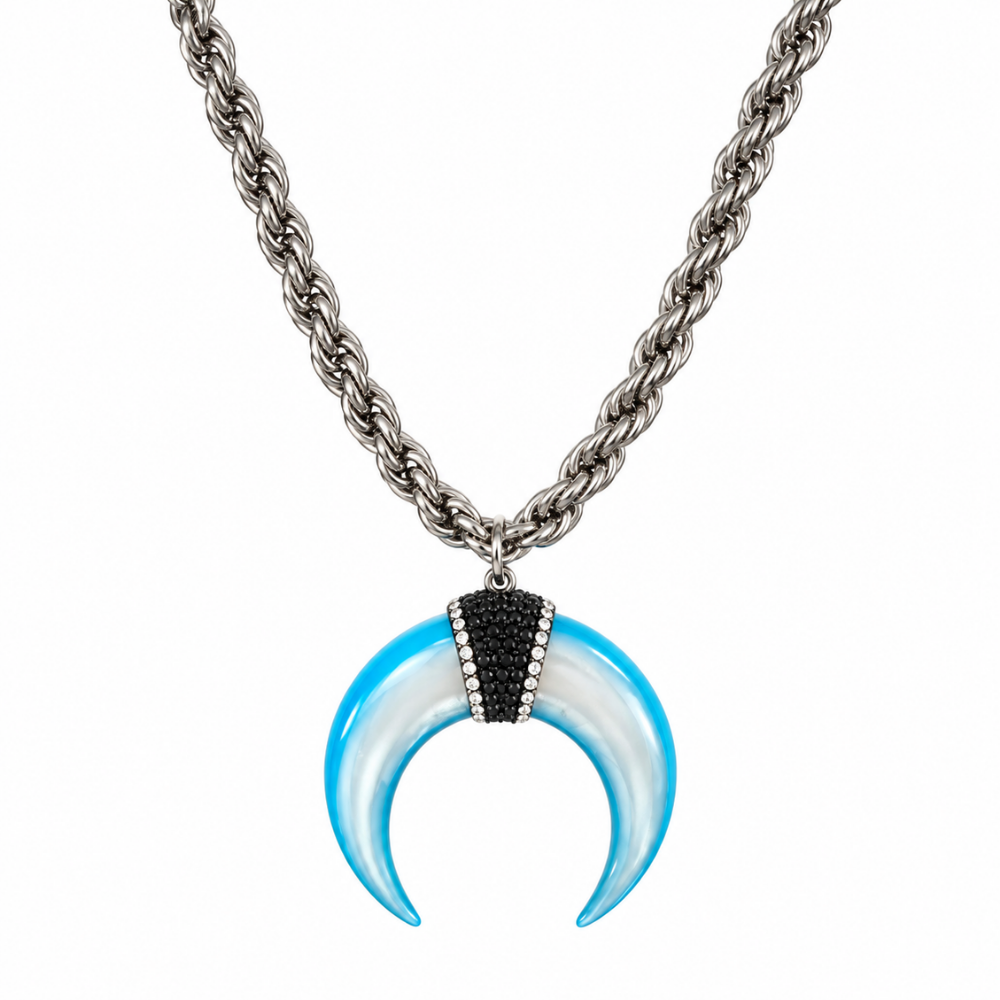 Silver-plated rope chain necklace with a turquoise-blue double-horn pendant, pearlescent-looking center, and black and clear accents on a white background.