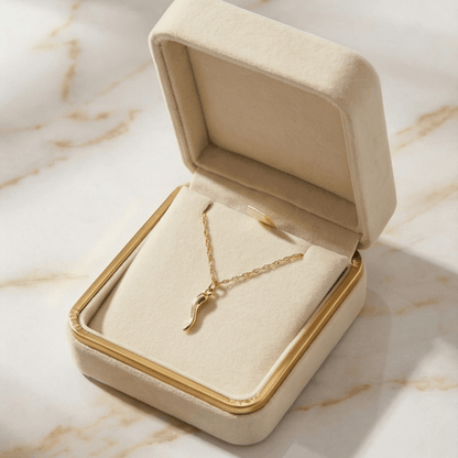Gold horn necklace in Julie Saldivia jewelry box