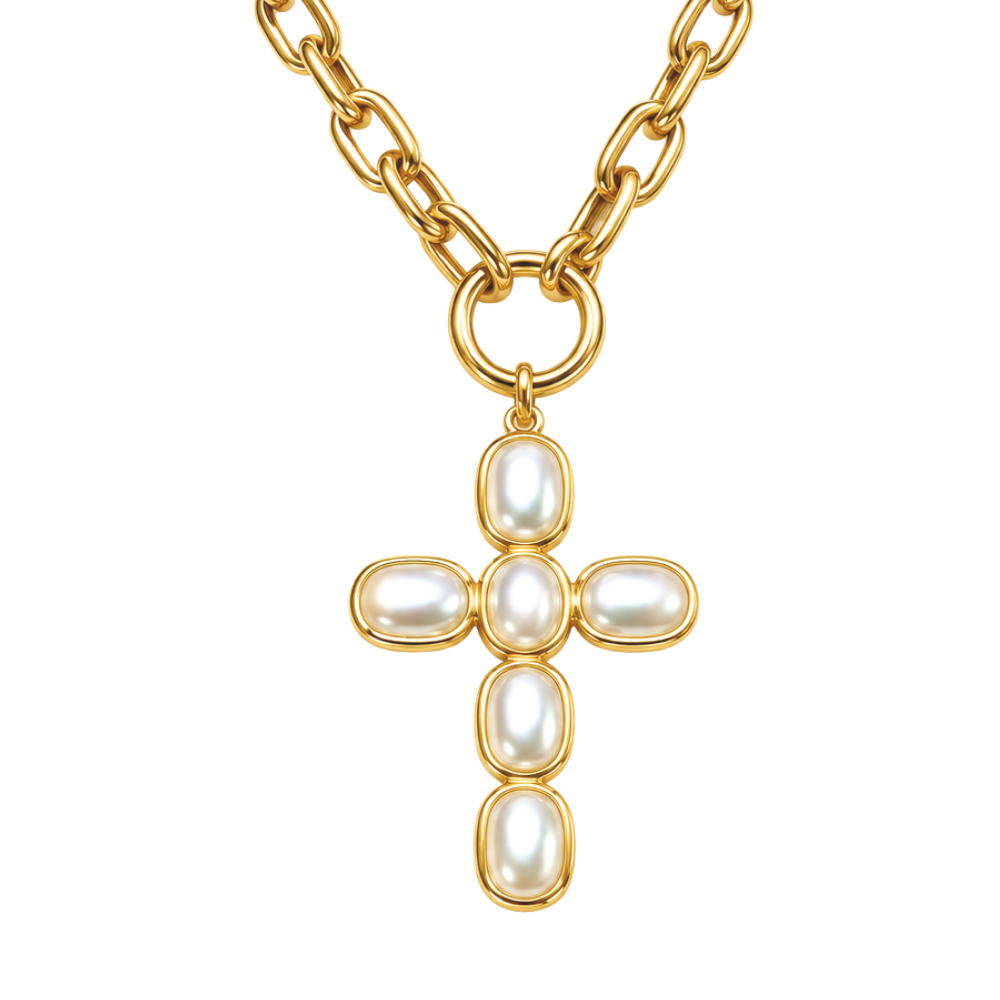 18K gold plated pearl inlay statement cross necklace with front clasp, 18 inch