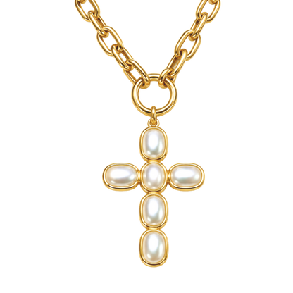 18K gold plated pearl inlay statement cross necklace with front clasp, 18 inch