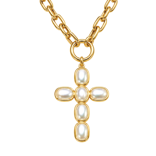 18K gold plated pearl inlay statement cross necklace with front clasp, 18 inch