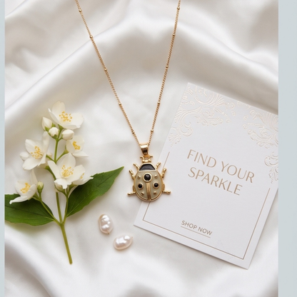 18K Gold Plated Ladybug Pendant Necklace with Enamel & Black CZ Stones