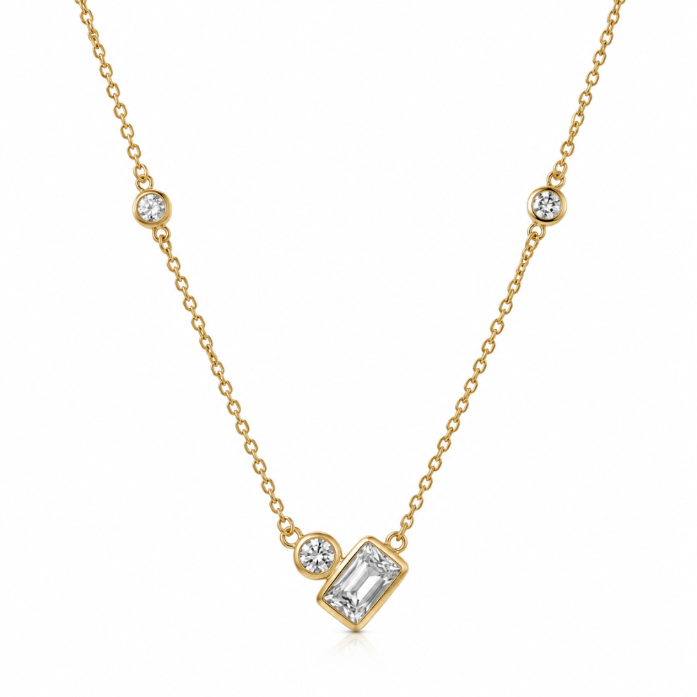Lumière gold plated 925 sterling silver bezel necklace with clear rectangular and round stones, adjustable 16 to 18 inches