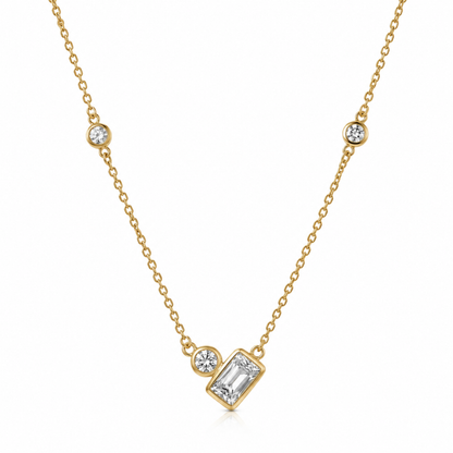 Lumière gold plated 925 sterling silver bezel necklace with clear rectangular and round stones, adjustable 16 to 18 inches