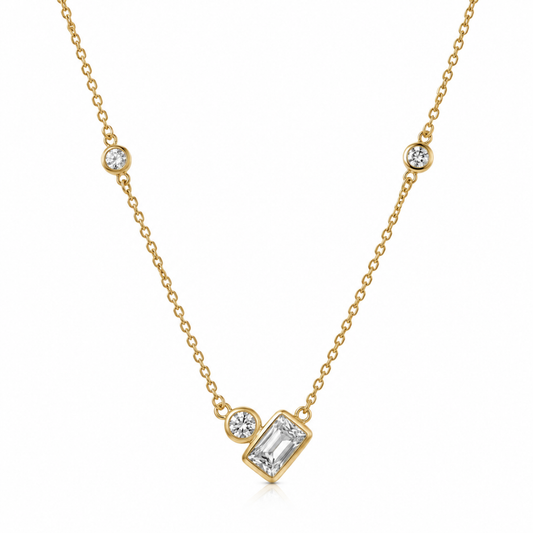 Lumière gold plated 925 sterling silver bezel necklace with clear rectangular and round stones, adjustable 16 to 18 inches