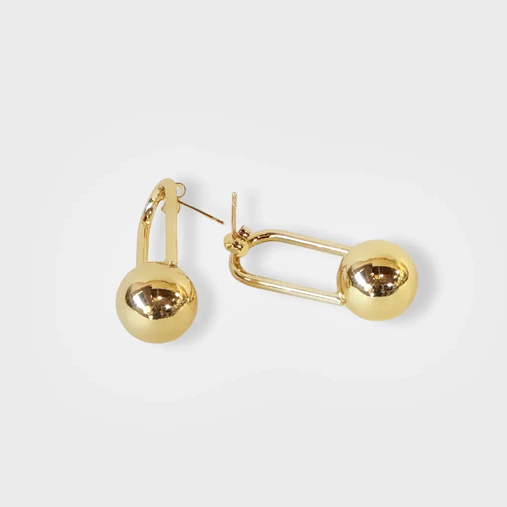 Modern Gold Padlock Drop Earrings With Ball Detail