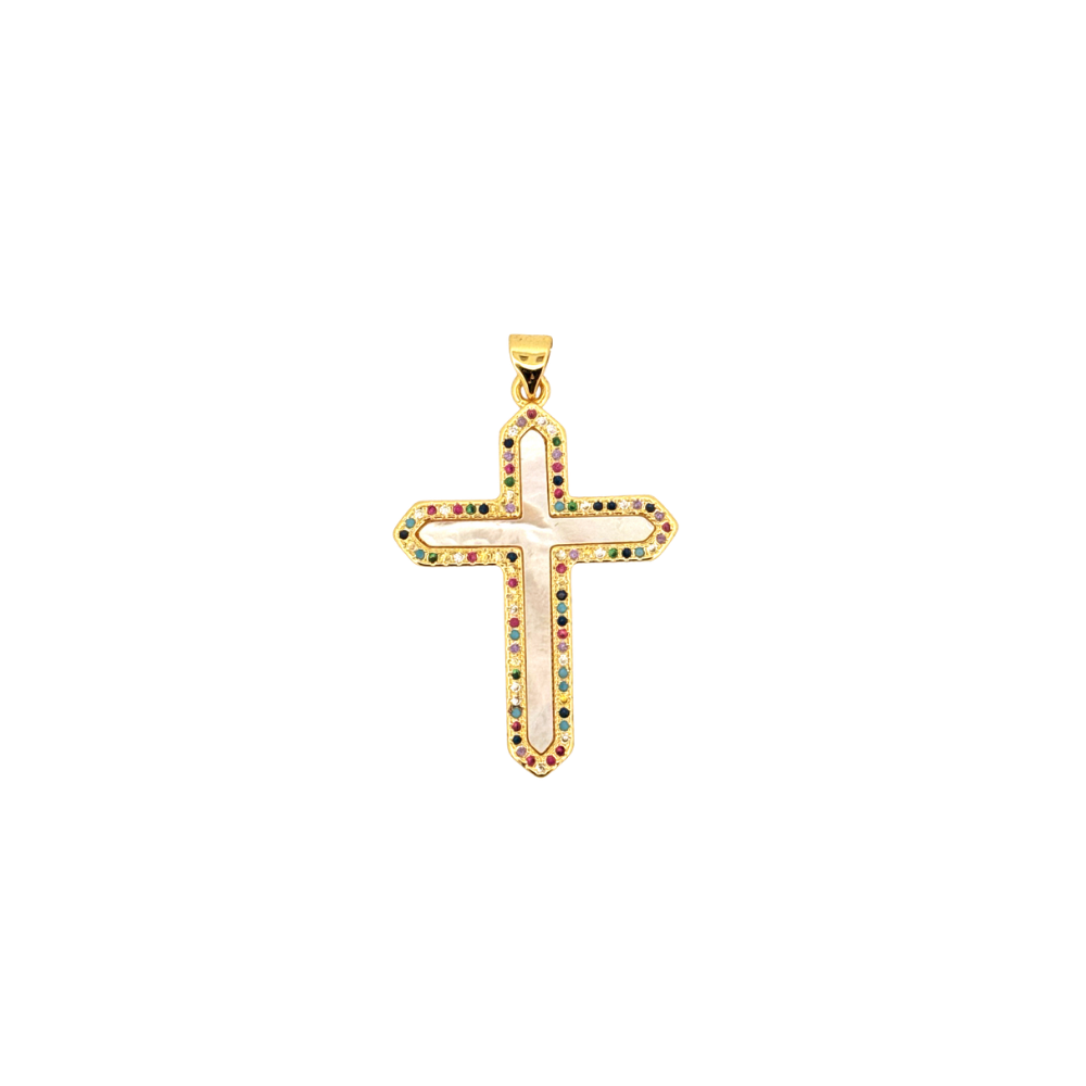 Mother of pearl cross charm with colorful cubic zirconia border.