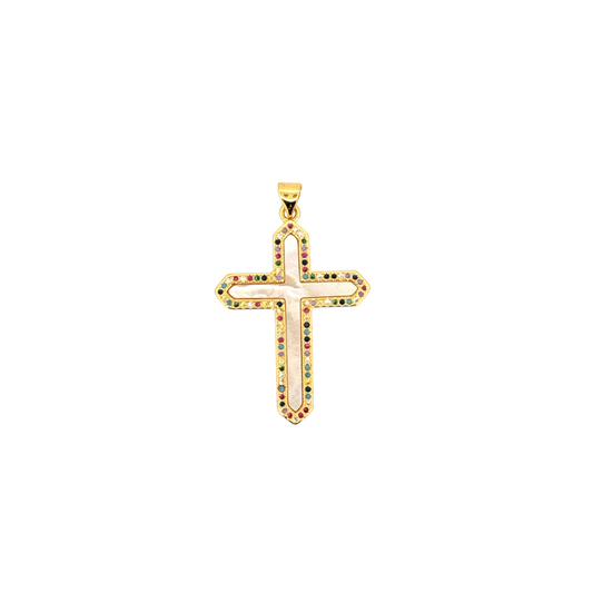 Mother of pearl cross charm with colorful cubic zirconia border.