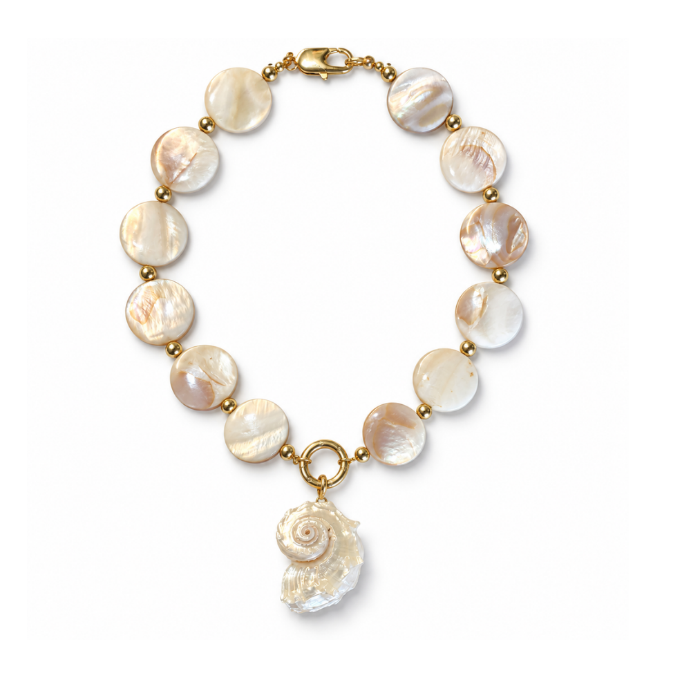 Necklace of round iridescent shell disks with gold-tone spacers, a front circular detail and a nautilus shell charm.