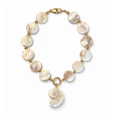 Necklace of round iridescent shell disks with gold-tone spacers, a front circular detail and a nautilus shell charm.