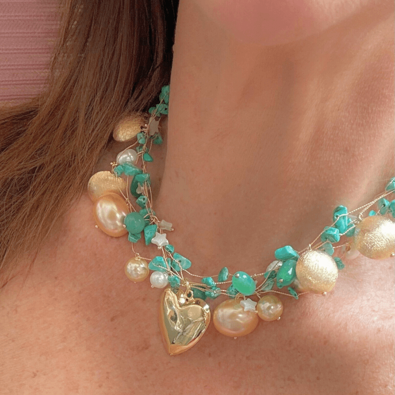 Turquoise stone necklace, Wire embroidered jewelry, Pearl and gold necklace, 18k gold plated charms, Handmade mother of pearl star, Heart charm necklace, Artisan jewelry, Elegant turquoise necklace, Luxury handmade necklace, Statement necklace, Unique gemstone jewelry, Designer beaded necklace, Natural stone jewelry, Boho chic necklace, Celestial jewelry design
