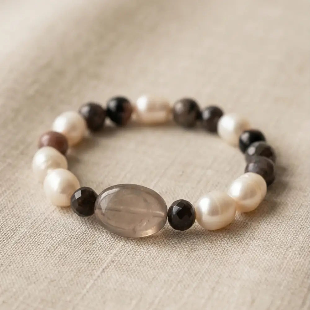 Neutral gemstone bracelet with pearls and smoky quartz center stone
