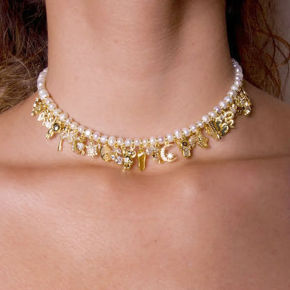 Freshwater pearl choker necklace with gold charms, trendy statement necklace for women Julie Saldivia