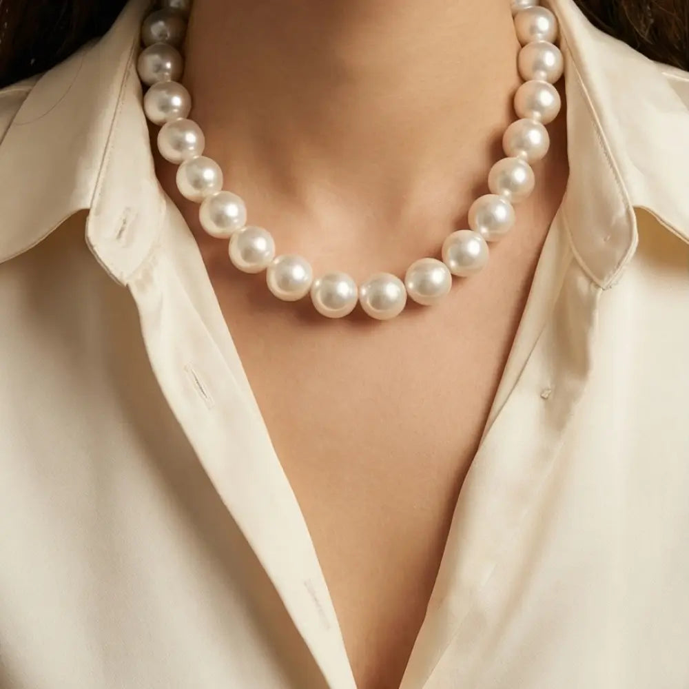 woman wearing pearl choker necklace 15mm statement classic elegant jewelry