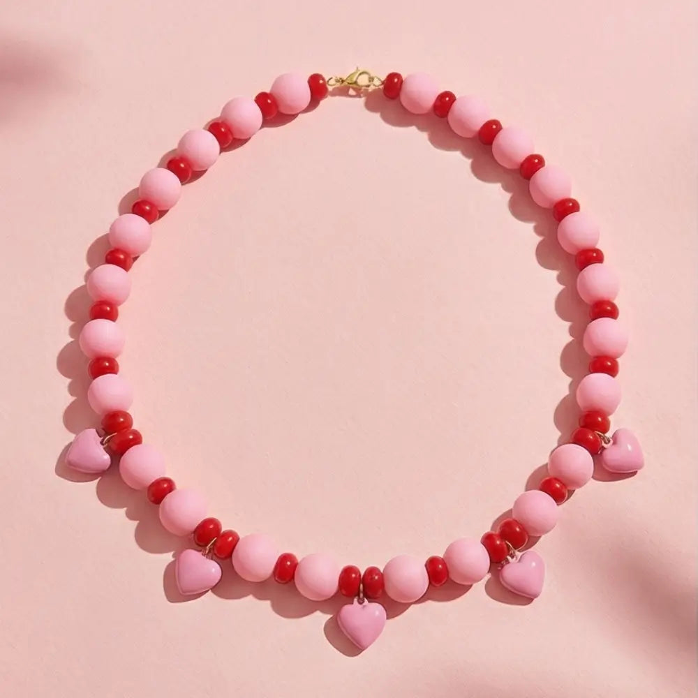 waterproof pink red beaded necklace with heart charms colorful summer jewelry
