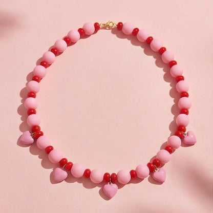 waterproof pink red beaded necklace with heart charms colorful summer jewelry