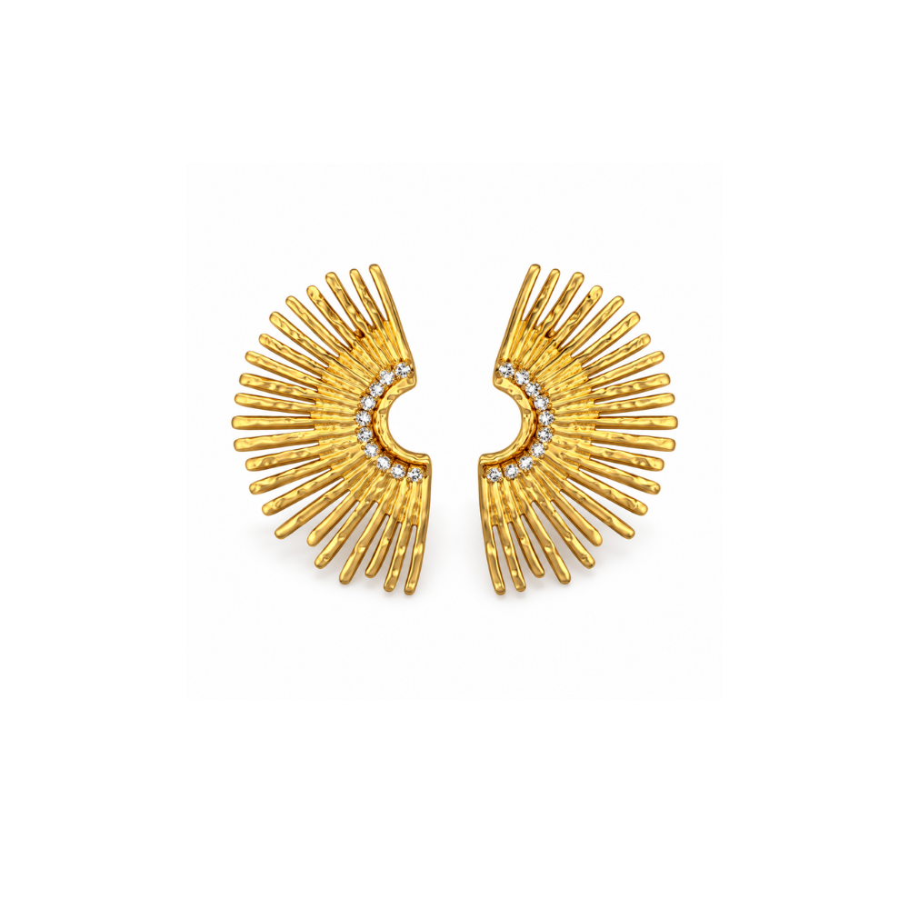 Pair of gold-tone sculptural statement earrings with radiating textured rays and clear accents along the curved center.