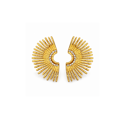 Pair of gold-tone sculptural statement earrings with radiating textured rays and clear accents along the curved center.