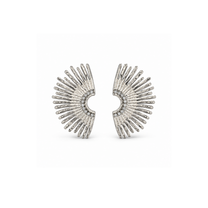 Pair of silver-tone sculptural statement earrings with radiating textured rays and clear accents along the curved center.