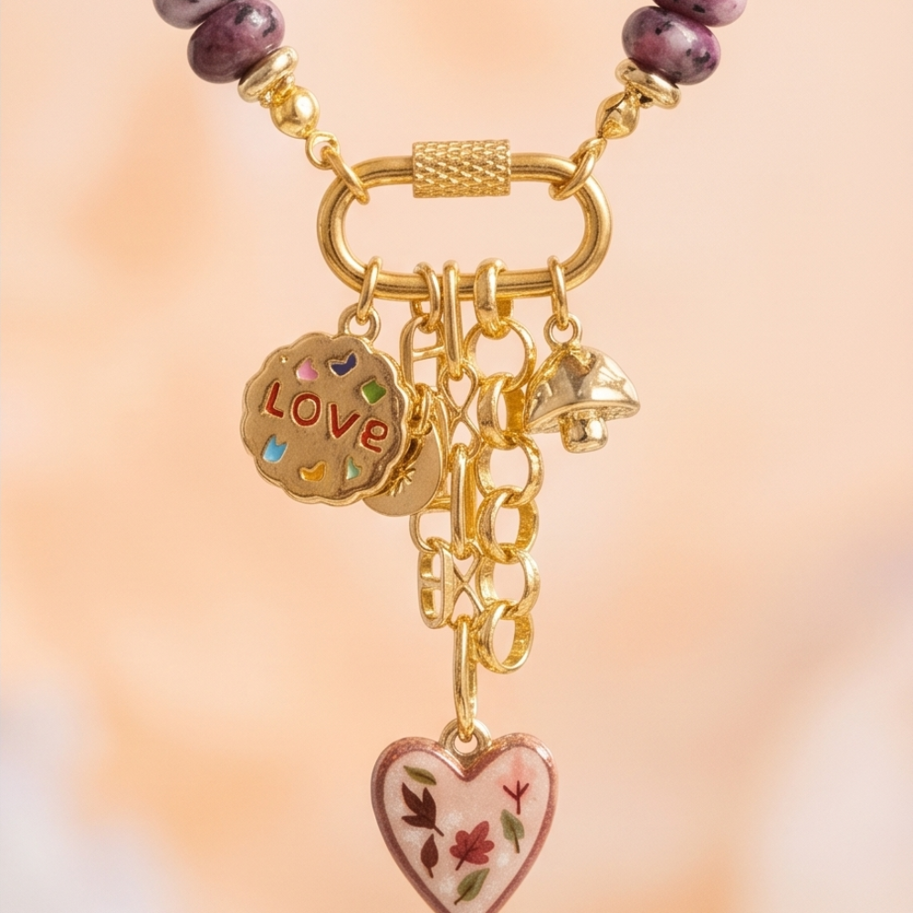 Rhodonite Beaded Charm Necklace with Floral Heart Pendant | Julie Saldivia