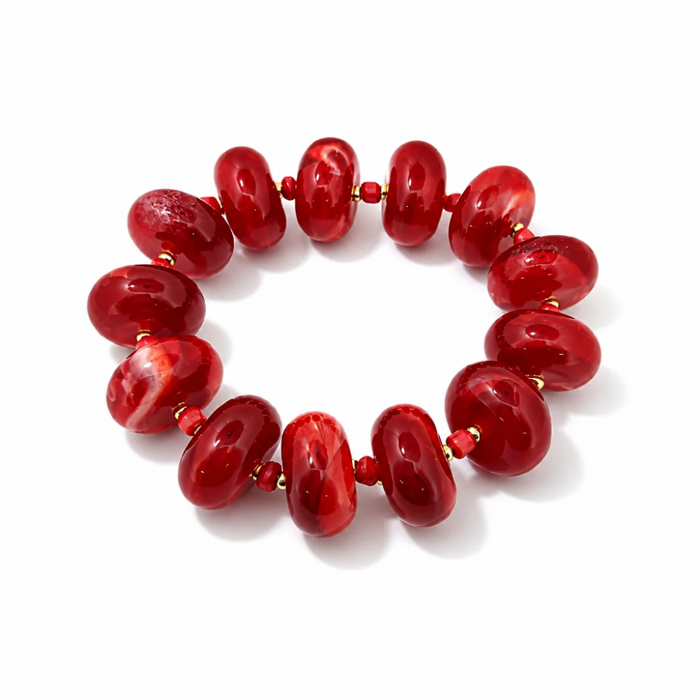 Rouge adjustable bracelet with 14 mm red acrylic beads, seed beads and gold-tone spacers from Julie Saldivia Modern Relics