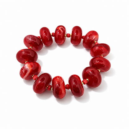 Rouge adjustable bracelet with 14 mm red acrylic beads, seed beads and gold-tone spacers from Julie Saldivia Modern Relics