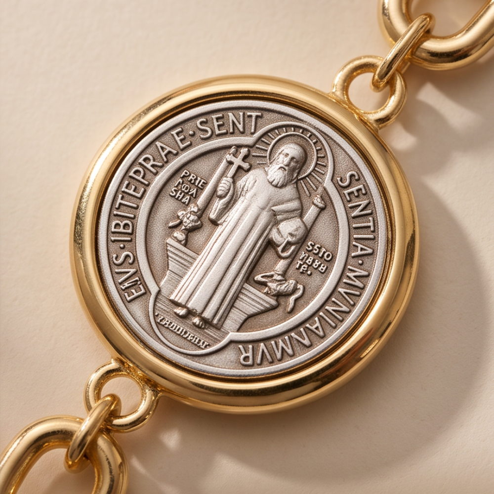 Close-up of the Saint Benedict medal on the Élan Link 18K gold plated bracelet showing intricate craftsmanship.