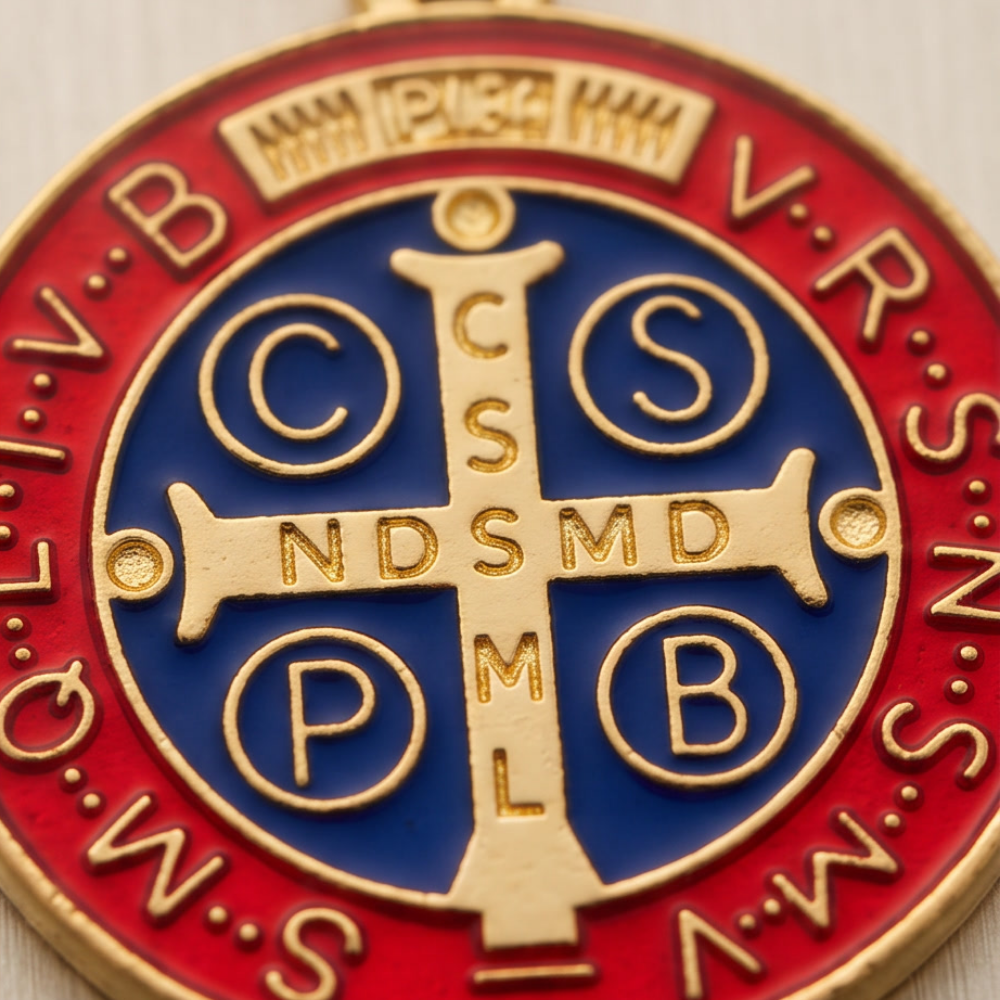 Close-up of gold Saint Benedict medallion necklace with red and blue enamel details