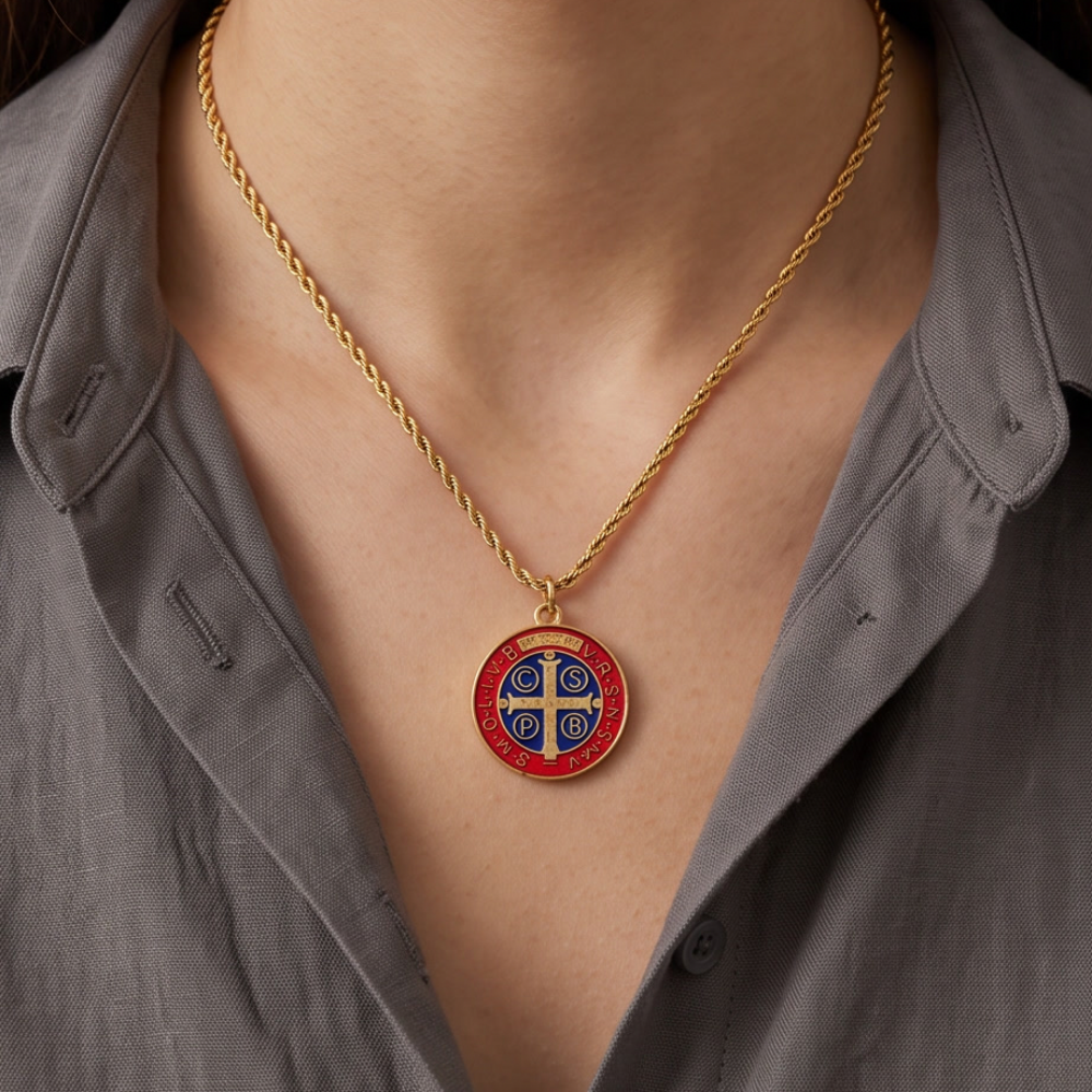 Gold Saint Benedict necklace with red and blue enamel medallion worn on model