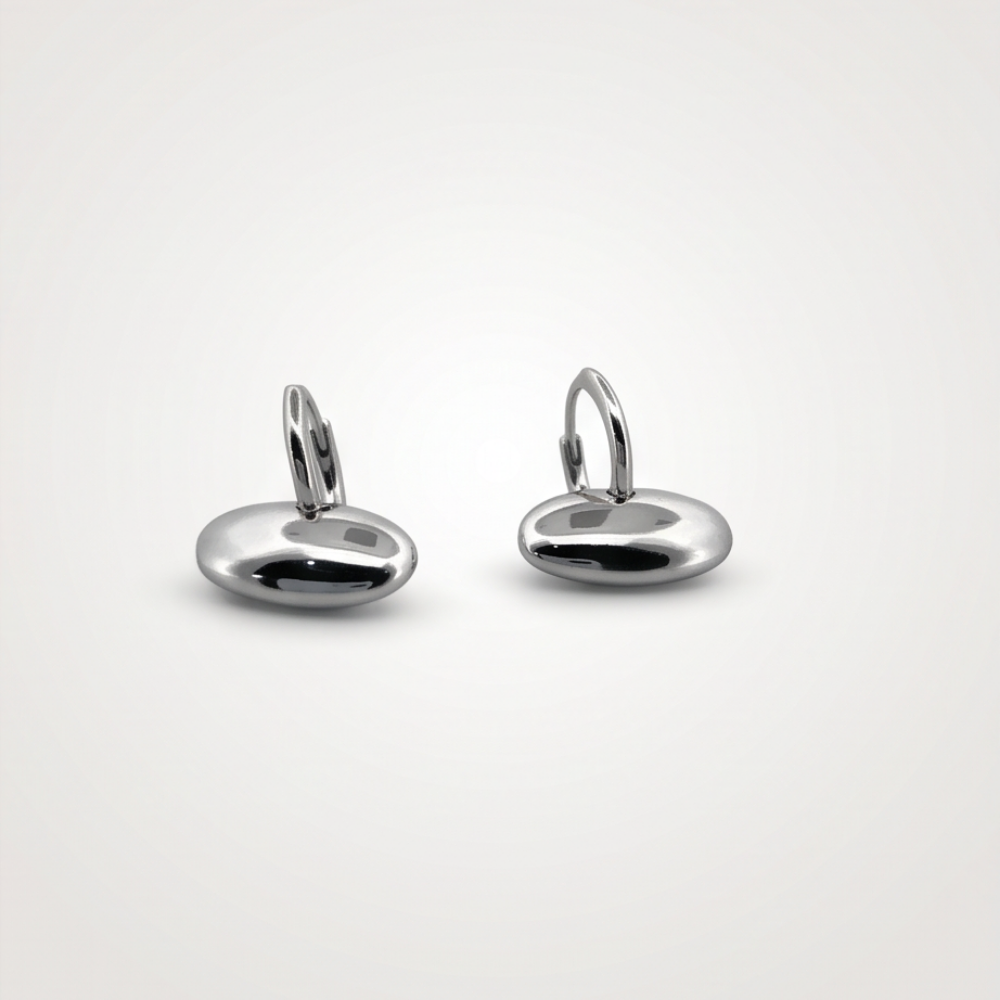 Polished silver stainless steel drop earrings with sculptural pebble design