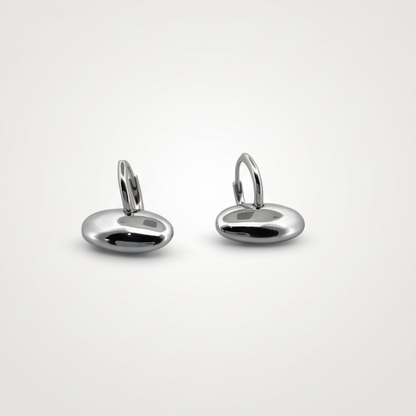 Polished silver stainless steel drop earrings with sculptural pebble design