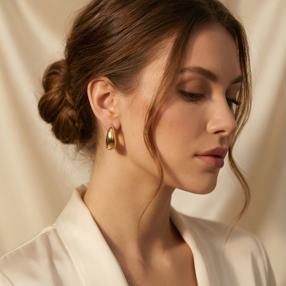 Model wearing sculptural polished gold huggie hoop earrings with an elegant neutral outfit